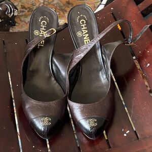 Chanel Women's Black and Dark Brown Mules